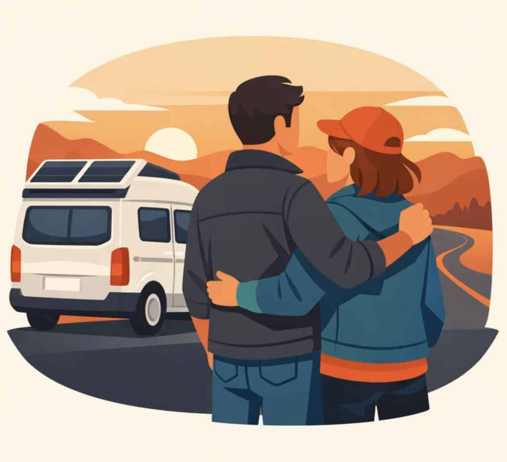 Voyage en camping-car, couple regardant coucher de soleil dans la nature, liberté et aventure.